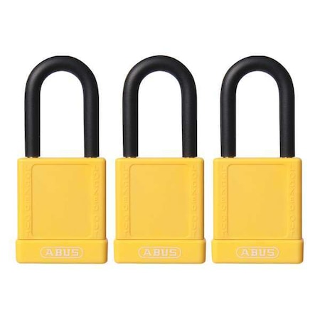 Abus Lockout Padlock, Keyed Alike, Plastic-Covered Aluminum, Yellow, 1 1/2 in Shackle Height, 3 PK 74/40 KAX3 YELLOW
