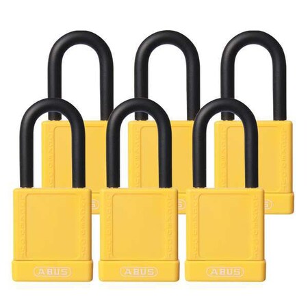 Abus Lockout Padlock, Keyed Alike, Plastic-Covered Aluminum, Yellow, 1 1/2 in Shackle Height, 6 PK 74/40 KAX6 YELLOW