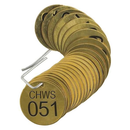 Brady Numbered Tag, Brass, 1 1/2 in H x 1 1/2 in W, 1 1/2 in Dia., Brass, Round, 25 PK 23578