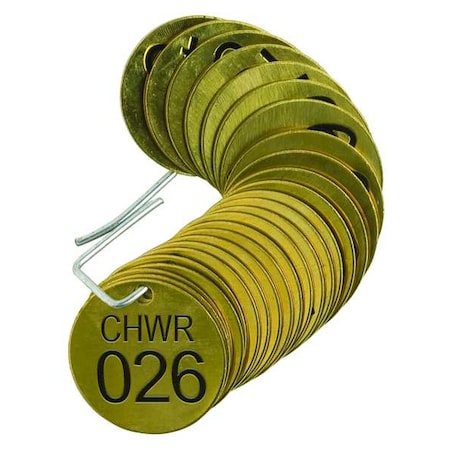 Brady Numbered Tag, Brass, 1 1/2 in H x 1 1/2 in W, 1 1/2 in Dia., Brass, Round, 25 PK 23597