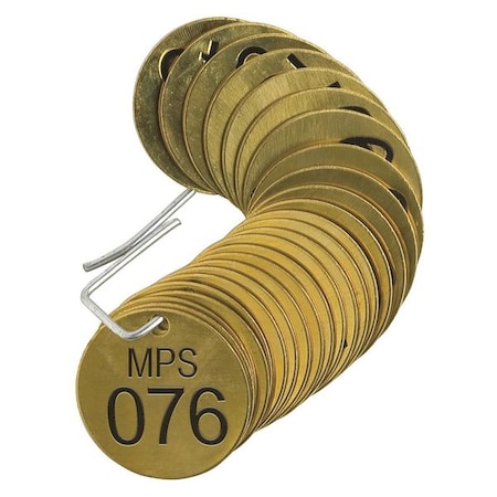 Brady Numbered Tag, Brass, 1 1/2 in H x 1 1/2 in W, 1 1/2 in Dia., Brass, Round, 25 PK 44703
