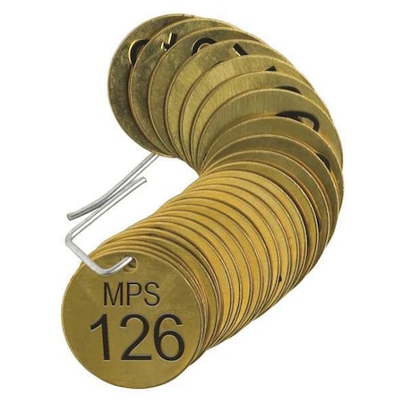 Brady Numbered Tag, Brass, 1 1/2 in H x 1 1/2 in W, 1 1/2 in Dia., Brass, Round, 25 PK 44705