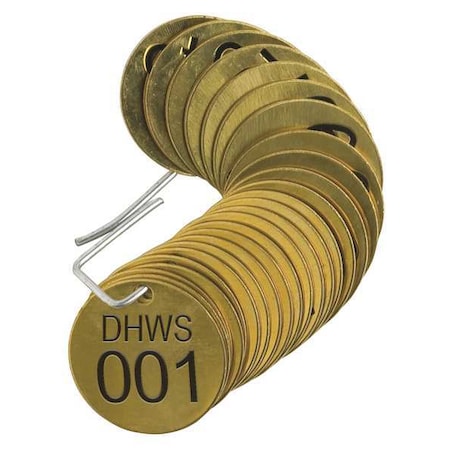 Brady Numbered Tag, Brass, 1 1/2 in H x 1 1/2 in W, 1 1/2 in Dia., Brass, Round, 25 PK 87351