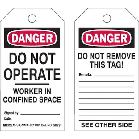 Brady Danger Tag, Machine and Operational, Polyester, 5 3/4 in H x 3 in W, Black, Red, White, Rectangle 50291