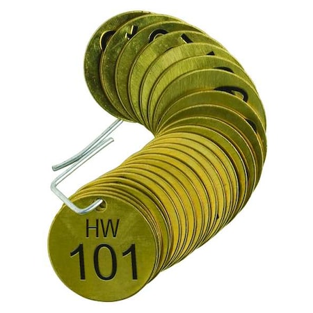 Brady Numbered Tag, Brass, 1 1/2 in H x 1 1/2 in W, 1 1/2 in Dia., Brass, Round, 25 PK 23416