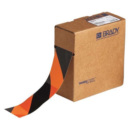 Brady ToughStripe Floor Tape Film: Polyester, Adhesive: Rubber Black/Orange, 2" W x 100 ft. L, 8 mil Thick 132433