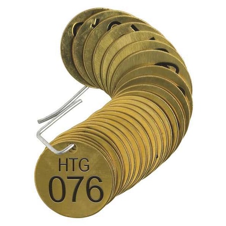 Brady Numbered Tag, Brass, 1 1/2 in H x 1 1/2 in W, 1 1/2 in Dia., Brass, Round, 25 PK 23271