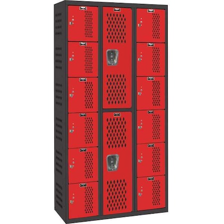Hallowell Box Locker/Wardrobe Combo, 36 in W, 18 in D, 72 in H, (3) Wide, (6) and (2) Tier, Red/Black AWA282-626MR