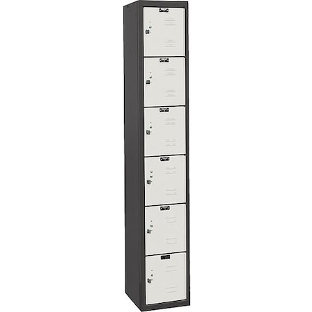 Hallowell Box Locker, 12 in W, 18 in D, 72 in H, (1) Wide, (6) Tier, Light Gray/Black U1282-6MP