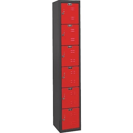 Hallowell Box Locker, 12 in W, 18 in D, 72 in H, (1) Wide, (6) Tier, Red/Black U1282-6MR