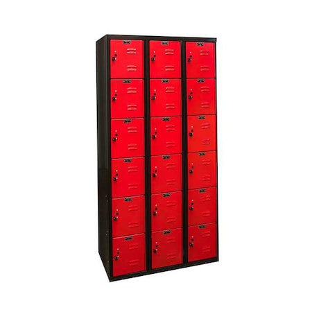 Hallowell Box Locker, 36 in W, 18 in D, 72 in H, (3) Wide, (6) Tier, Red/Black U3282-6MR