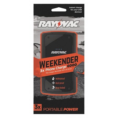Rayovac Portable Pwr Charger, Li Ion, 6000mAh PS95BK