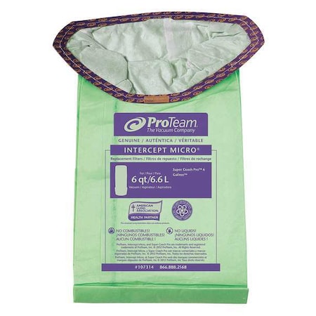 Proteam Intercept Micro Filter Bag, Open Collar, Fits ProTeam Backpack Vacuums, Triangular 6 qt. (10 pk.) 107314
