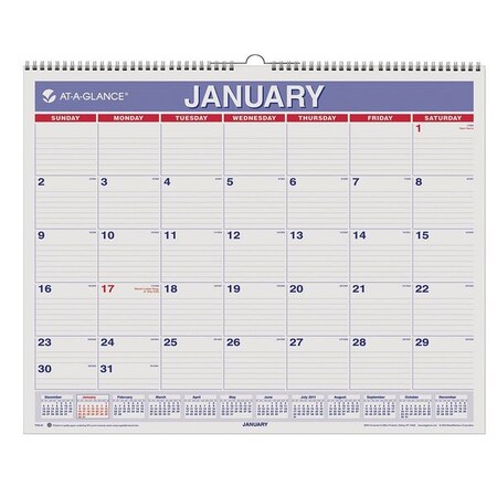 At-A-Glance Monthly Wall Calendar, 15 x 12, White/Red/Blue Sheets, 12-Month (Jan to Dec): 2025 AAGPM828