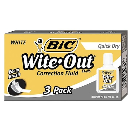 Bic Quick Dry Correction Fluid, 20mL, Wht, PK3 BICWOFQD324