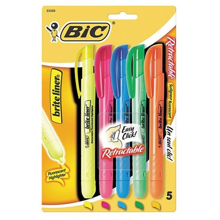 Bic Retractable Highlighter Set, Assorted Colors PK5 BICBLRP51ASST