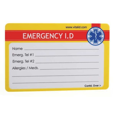 Vital Id Emergency Wallet I.D. Card, Plastic, PK200 WSID-04