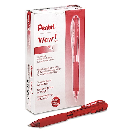 Pentel WOW! Ballpoint Pen, Retractable, Medium 1 mm, Red Ink, Translucent Red/Red Barrel, PK12 PENBK440B