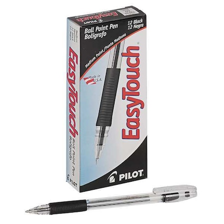 Pilot EasyTouch Ballpoint Pen, Stick, Medium 1 mm, Black Ink, Clear/Black Barrel, PK12 PIL32010
