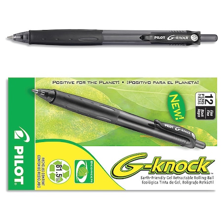 Pilot G-Knock BeGreen Gel Pen, Retractable, Fine 0.7 mm, Black Ink, Smoke/Black Barrel, PK12 PIL31506