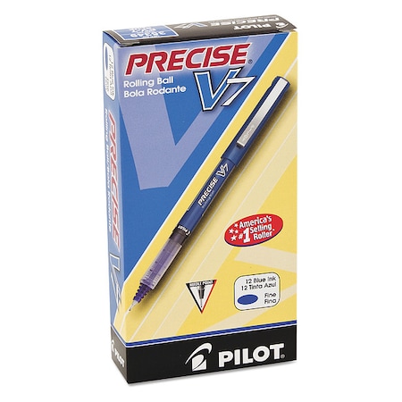 Pilot Precise V7 Rollerball Pen, Stick, Fine 0.7 mm, Blue Ink, Blue/Clear Barrel, PK12 PIL35349