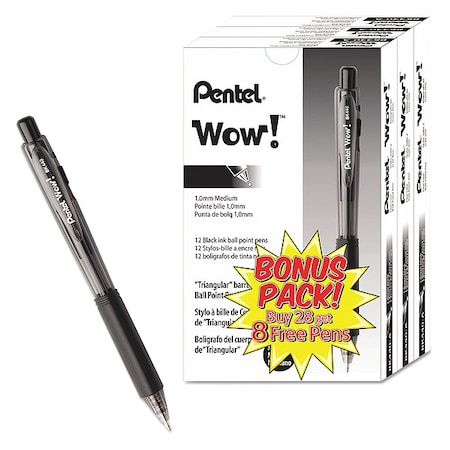 Pentel WOW! Ballpoint Pen Value Pack, Retractable, Medium 1 mm, Black Ink, Smoke/Black Barrel, PK36 PENBK440ASWUS