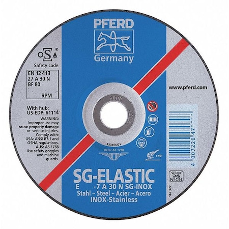 Pferd Depressed Center Grinding Wheel, Type 27, 4 1/2 in Dia, 0.25 in Thick, 5/8"-11 Arbor Hole Size 61114