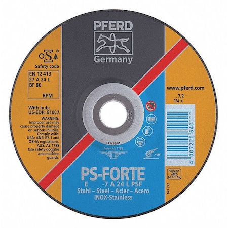 Pferd Depressed Center Grinding Wheel, Type 27, 9 in Dia, 0.25 in Thick, 5/8"-11 Arbor Hole Size, 24 Grit 61007