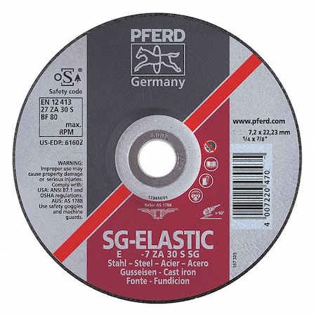 Pferd Depressed Center Grinding Wheel, Type 27, 4 1/2 in Dia, 0.25 in Thick, 7/8 in Arbor Hole Size 61602