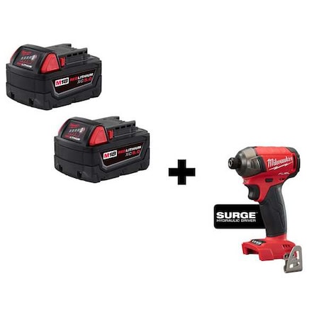 Milwaukee Tool M18 FUEL SURGE 1/4" Hex Hydraulic Driver + M18 XC5.0 Extended Capacity Battery 2-Pack 48-11-1852, 2760-20