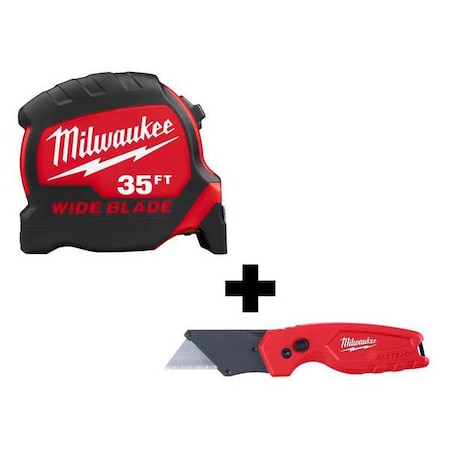 Milwaukee Tool 35' Wide Blade Tape Measure + FASTBACK Compact Folding Utility Knife 48-22-1235, 48-22-1500