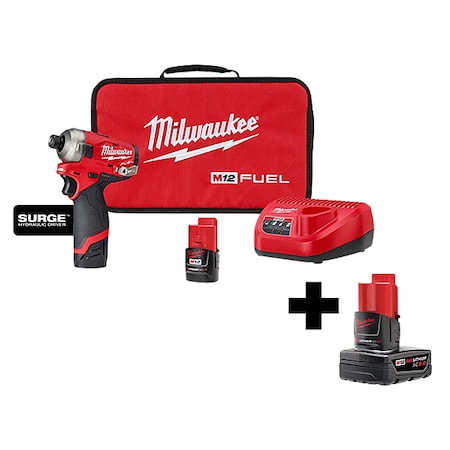 Milwaukee Tool M12 FUEL SURGE 1/4" Hex Hydraulic Driver Kit + M12 XC6.0 Battery 2551-22, 48-11-2460