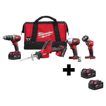 Milwaukee Tool M18 Cordless LITHIUM-ION 4-Tool Combo Kit + M18 XC5.0 Extended Capacity Battery 2-Pack 2695-24, 48-11-1852