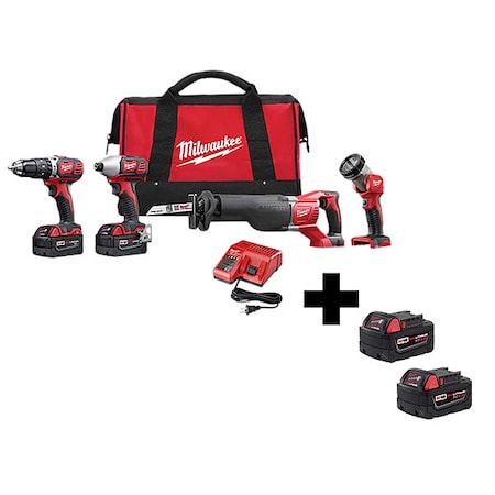 Milwaukee Tool M18 Cordless LI-ION 4-Tool Combo Kit + M18 XC5.0 Extended Capacity Battery 2-Pack 2696-24, 48-11-1852