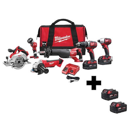 Milwaukee Tool M18 Cordless 6-Tool Combo Kit + M18 XC5.0 Extended Capacity Battery 2-Pack 2696-26, 48-11-1852