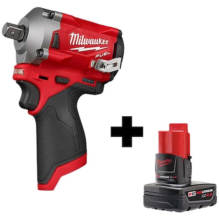 Milwaukee Tool M12 FUEL 1/2" Right Angle Impact Wrench w/ Pin Detent + M12 XC 4.0 Battery 2565P-20, 48-11-2440