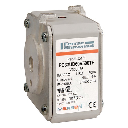 Mersen Semiconductor Fuse, PC33 Series, 500A, Fast-Acting, 690V AC, Square V300076