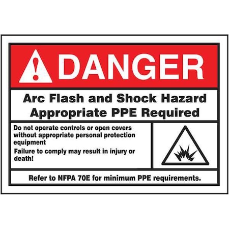 Accuform Label, 3-1/2x5, Danger Arc Flash and Shock, LELC136 LELC136