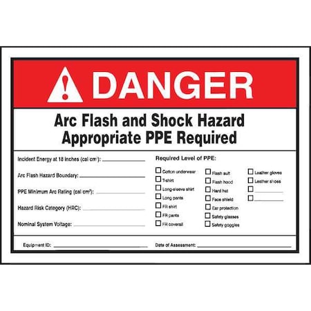 Accuform Label, 5x7, Danger Arc Flash and Shock, LELC326 LELC326