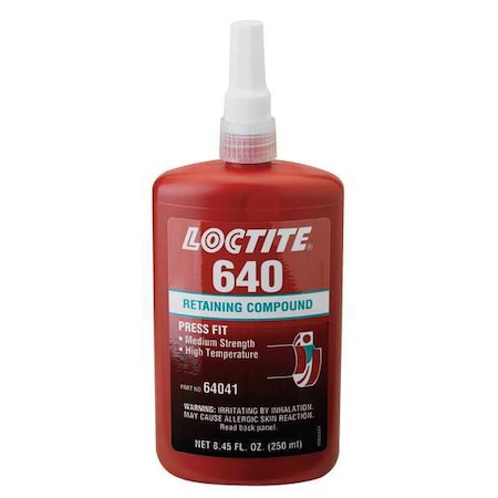 Loctite Retaining Compound, 640 Series, Green, Liquid, High Temperature, Extended Working Time, 250mL Bottle 135521