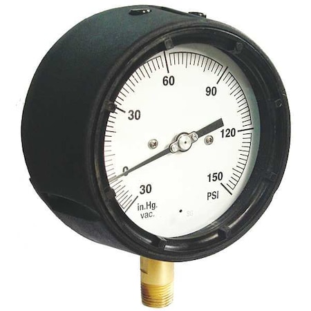 Zoro Select Pressure Gauge, 0 to 60 psi, 1/2 in NPT Lower Location, Polypropylene Case Material 36JV28