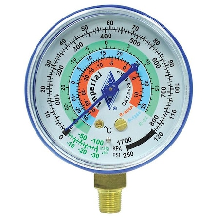 Imperial Gauge, 2-1/2 In Dia, Low Side, Blue, 250 psi 424-CB