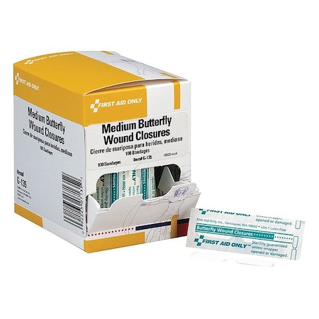 First Aid Only Butterfly Close, Plastic, 3/8x1-3/4In, PK100 G135