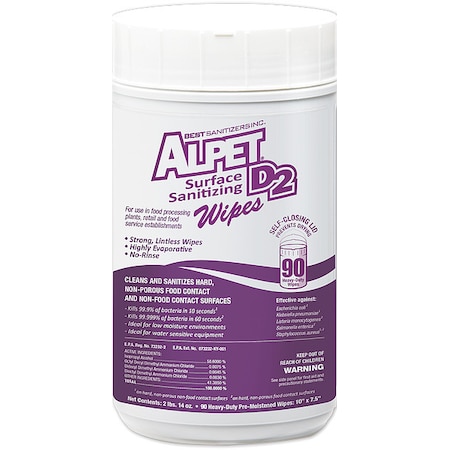 BEST SANITIZERS Alpet D2 Sanitizing Wipes, Canister, 10 in x 7 1/2 in, Unscented, 90 Wipes, 6 Pack SSW0001