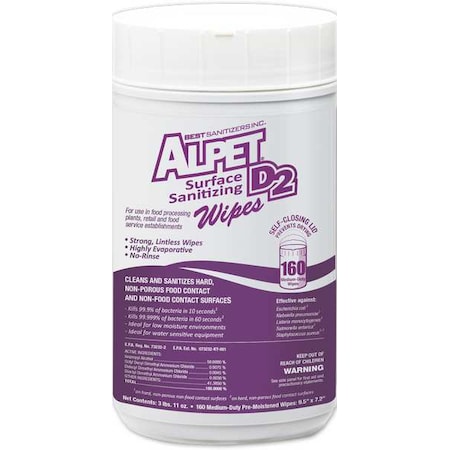 Alpet Sanitizing Wipes, 160 Wipe Canister, 9 1/2 in x 7 1/4 in, Unscented, White, PK6 SSW0002