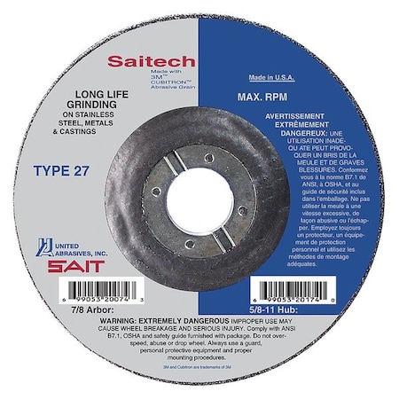 United Abrasives/Sait Cut-Off & Grinding Wheel, Type 27, 4 1/2 in Dia, 0.125 in Thick, 7/8 in Arbor Hole Size, Ceramic 22264