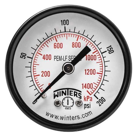Winters Pressure Gauge, 0 to 200 psi psi, 2 in Dial, 1/8 in NPT Center Back Location, Steel Case Material PEM1426LF
