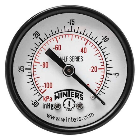 Winters Lead-Free Vacuum Gauge, 30 to 0 psi, 2 in Dial, 1/4 in NPT, Back Location, Steel Case Material PEM1428LF