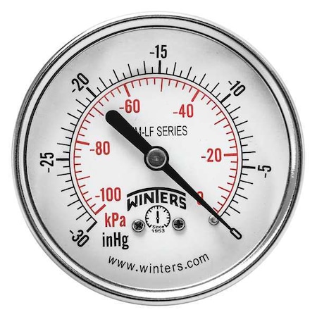 Winters Lead-Free Vacuum Gauge, 30 to 0 psi, 2 1/2 in Dial, 1/4 in NPT, Bottom Location, Steel Case Material PEM1431LF