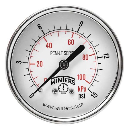 Winters Lead-Free Pressure Gauge, 0 to 15 psi, 2 1/2 in Dial, 1/4 in NPT, Center Back Location PEM1436LF